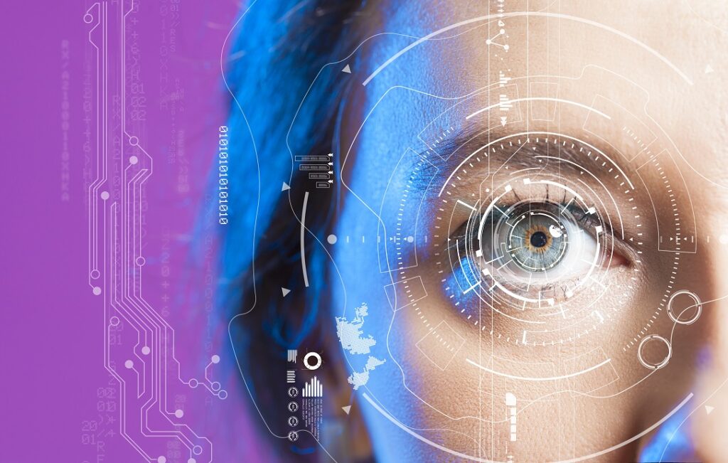 Young woman's eye and high-tech concept, augmented reality display, Iris verification, wearable computing